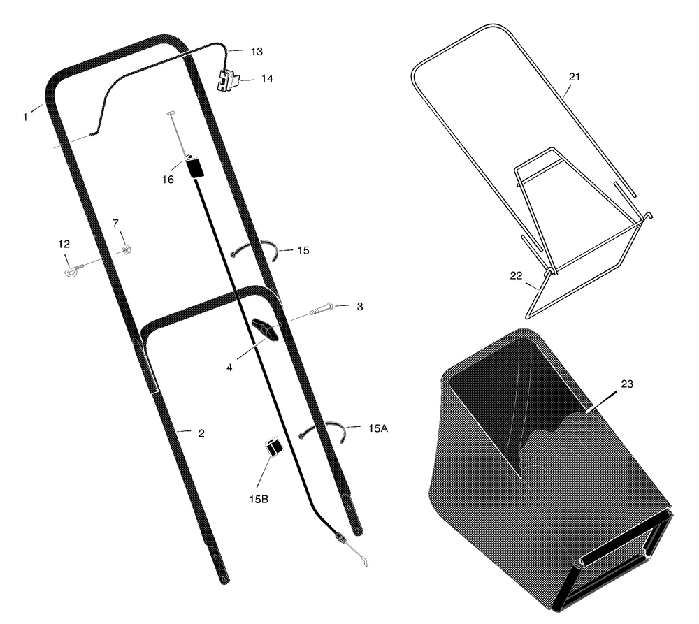 Handle And Bag Assembly Diagram and Parts List for 205210X14A 2001 Briggs and Stratton Lawn Mower